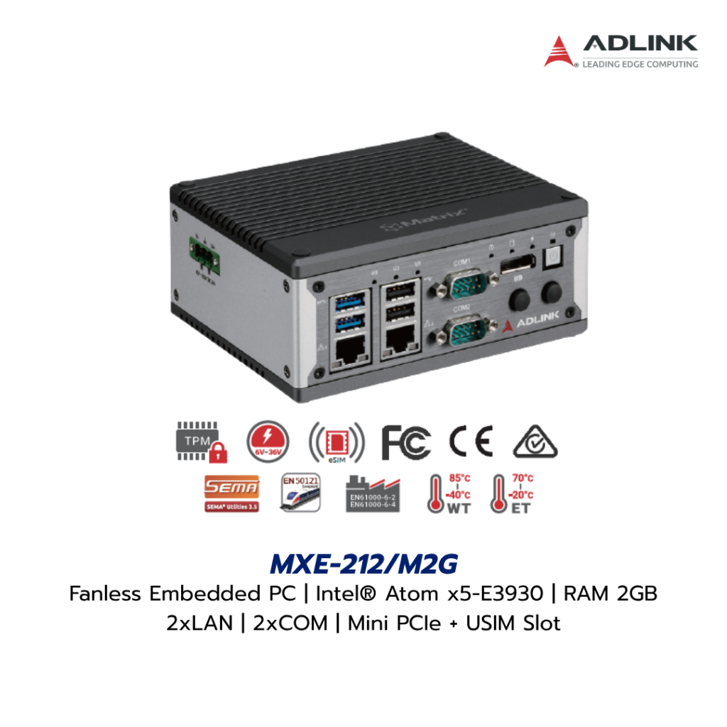ADLINK MXE-212/M2G | Fanless Embedded PC | Intel Atom x5-E3930 | 2× LAN | 2× COM | 4× USB  | Mini PC