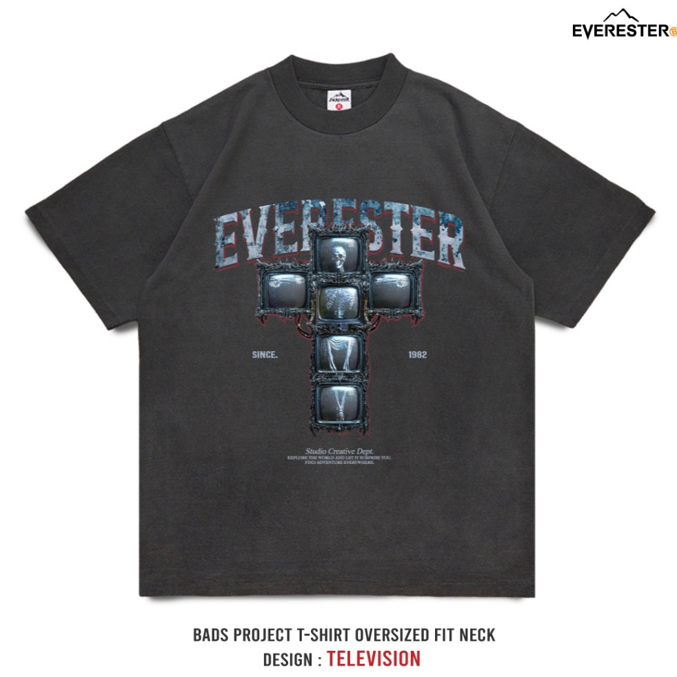 EVERESTER เสื้อคอฟิต วินเทจ เฟดเทาดำ Heavy Cotton Television ฟอกนุ่ม เสื้อผ้า เสื้อยืดผู้ชาย FED