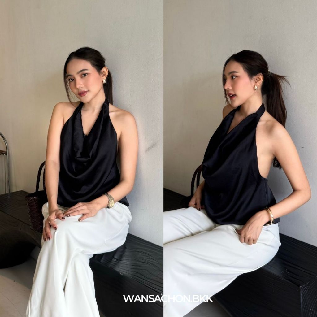 WSC l EMMA SATIN TOP เสื้อกล้ามคล้องคอผ้าซาติน ดีเทลผ้าลูกไม้ด้านใน