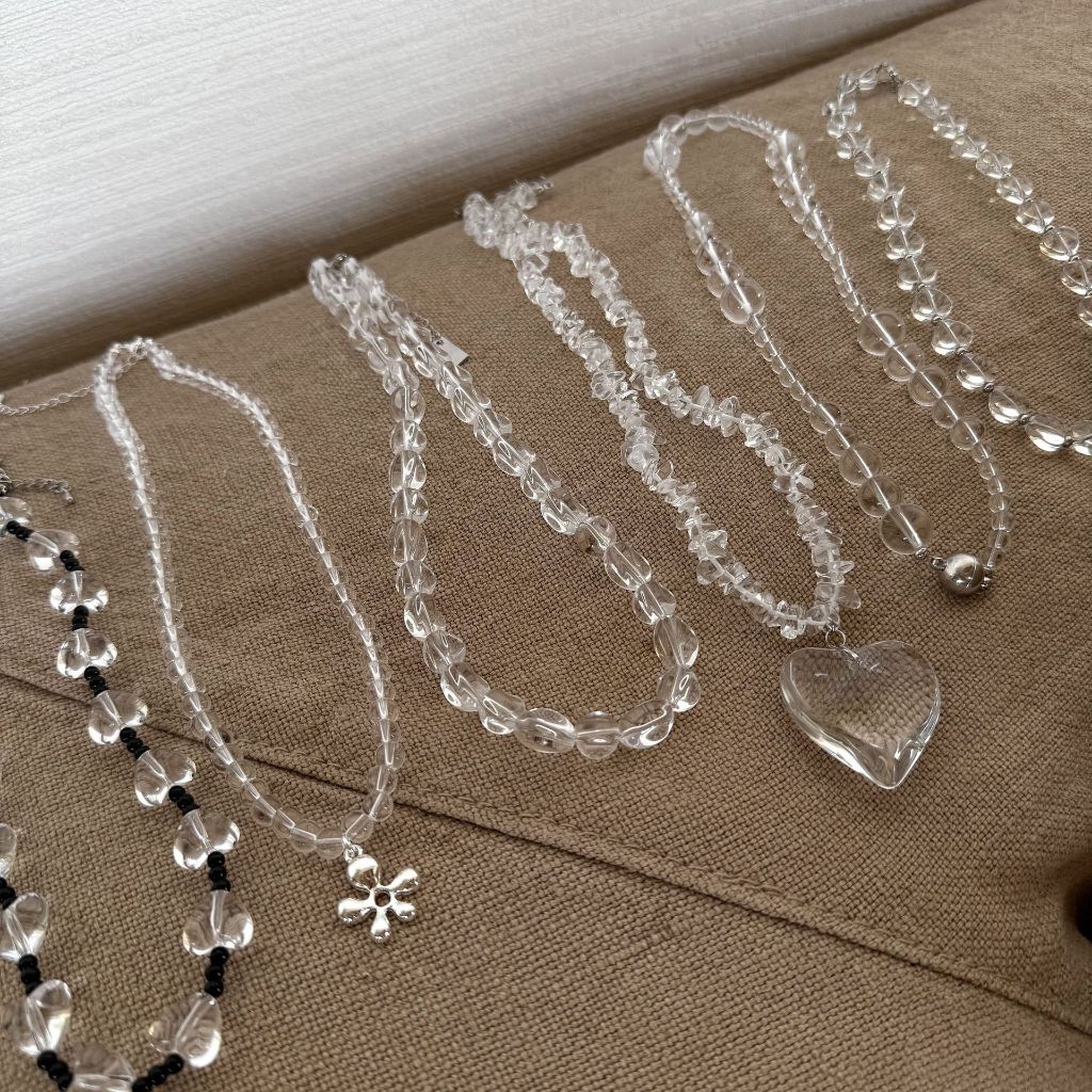 Clear Crystal Jewelry ดีไซน์จี้ทรง Heart & Flower เครื่องประดับงานแฮนด์เมดคริสตัลใสสไตล์เกาหลี มินิมอล น่ารัก