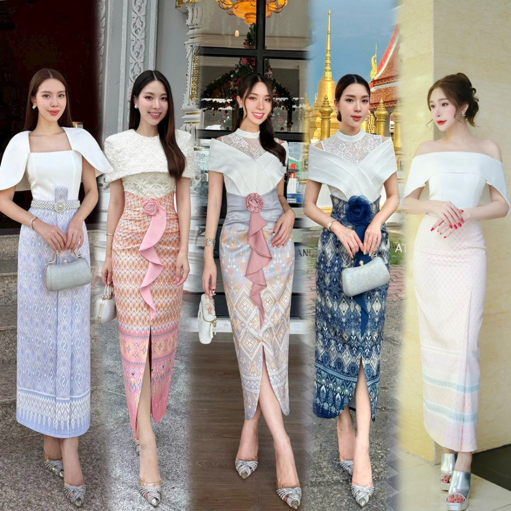S-XL ชุดไทยประยุกต์ เสื้อสีขาว+ผ้าถุงโทนสีชมพู/กรม/ฟ้า/ม่วง ใส่ทำบุญ ไปวัด ไปงานแต่ง,งานบวช  #Athena