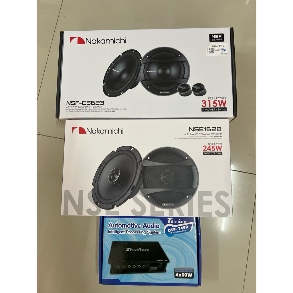 ชุดละ 4100บาท DSP 60x4Ch 1ตัว 6.5“แยกชิ้น 1ชุด 6.5“แกนร่วม NAKAMICHI 1คู่    ลำโพงติดรถยนต์