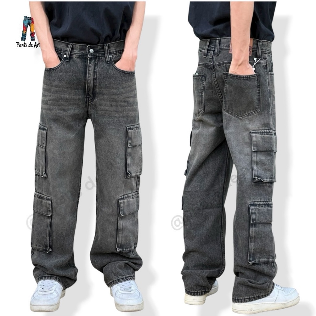 PANTS DE ART กางเกงยีนส์ผู้ชาย ทรงคาร์โก้ กระเป๋าข้าง ฟอกสนิมเฟดน้ำตาล 8 Pockets ผ้านิ่ม ไม่ยืด SIZE26-36