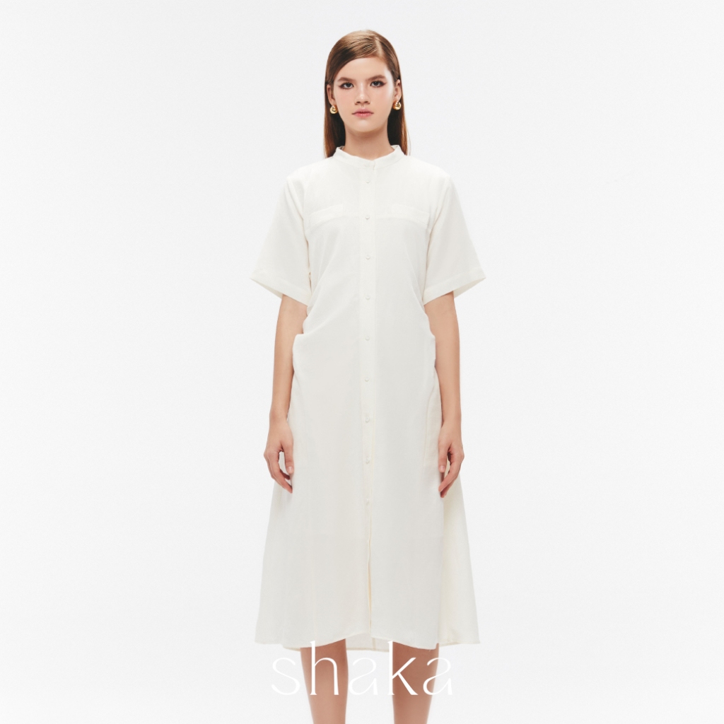 Shaka SS25 Safari Dress เดรสยาว ผ้าลินินสไตล์ซาฟารี (WHITE) DS-8250606