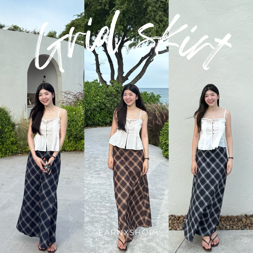 EARNXSHOP | Grid Skirt กระโปรงผ้าสักหลาด ลายตาราง ทรงหางปลา งานฟรีไซซ์ (อ่านไซซ์ในรายละเอียด)