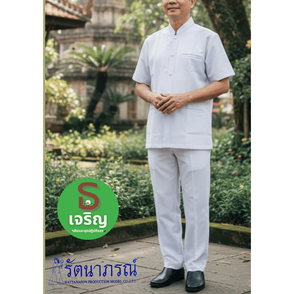 ชุดใส่ไปวัด เสื้อคอจีนแขนสั้น กระดุมปั๊ม + กางเกงสแล็ค ผ้าโซล่อนไม่บาง ไม่ร้อน พร้อมส่ง