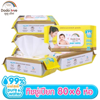 ส่งด่วน ยกลัง6ห่อ dodolove ทิชชู่ เบบี้ ไวพส์ แฮนด์ แอนด์ ลิป ทิชชู่เปียกสำหรับเด็ก ดึงไม่ติดกัน บรรจุ 80 แผ่น / ห่อ