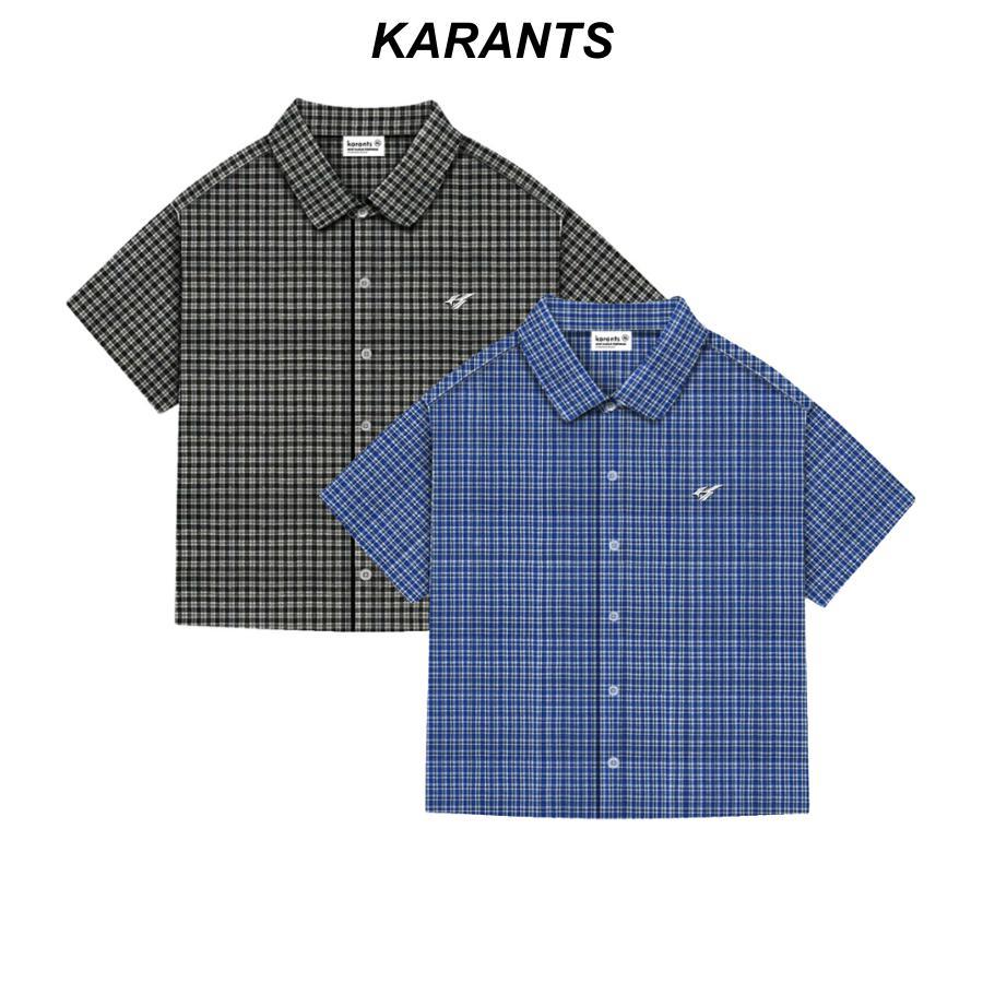 Karants เสื้อเชิ้ตสีพื้น โลโก้โลหะ ทรง Cropped Boxy ผ้าลายตารางพรีเมียม ใส่ได้ทั้งชายและหญิง สไตล์ -