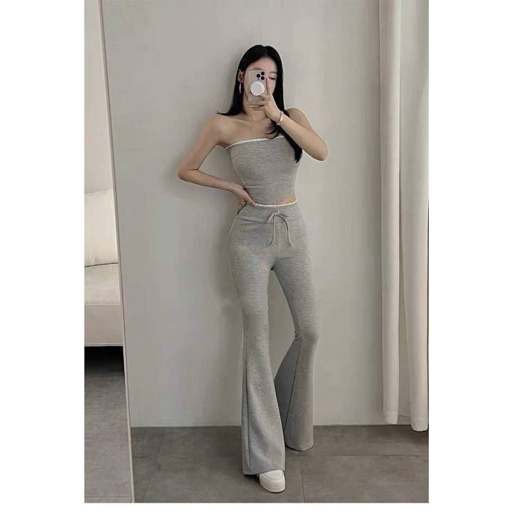 เซท 2 ชิ้น กางเกงขา กระดิ่งเอวแต่งขอบลูกไม้สุดฮิต