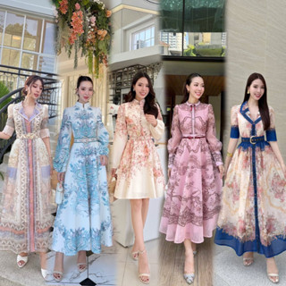 S-XXL ชุดเดรสพิมพ์ลายดอกไม้ สีขาว ฟ้า ครีม ชมพู น้ำเงิน สไตล…