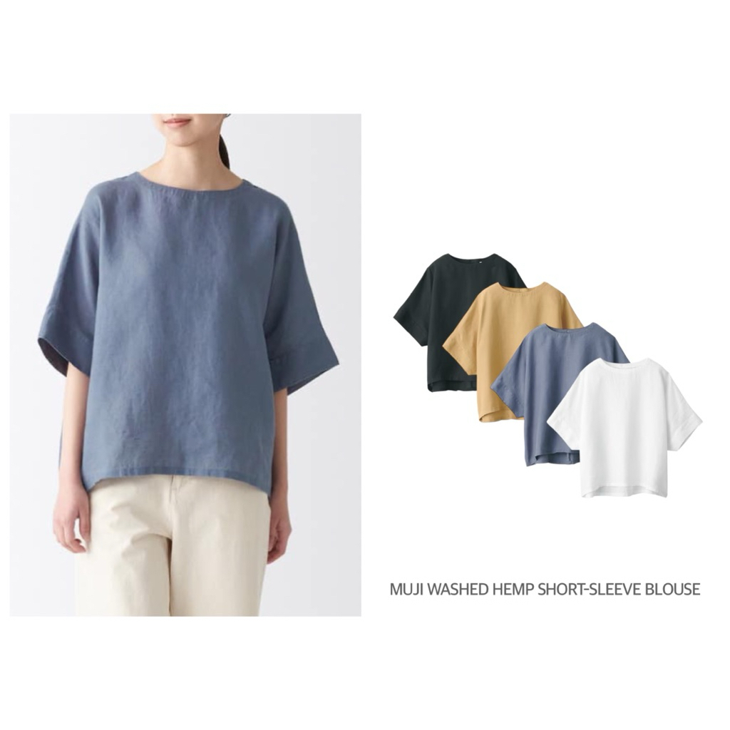 MUJI เสื้อเบลาส์ลินิน สีดำ คอกลม แขนสั้น WASHED HEMP SHORT-SLEEVE BLOUSE (C0205)