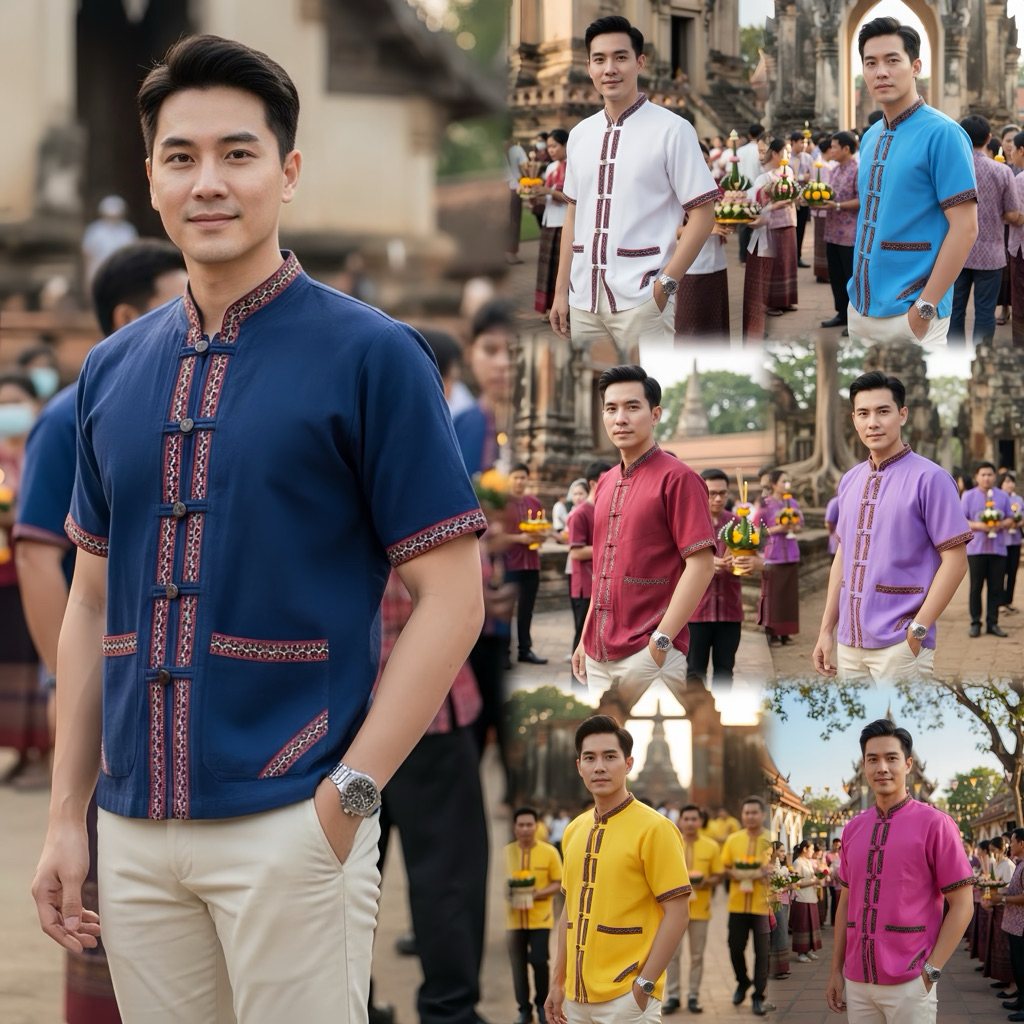 เสื้อพื้นเมืองผู้ชายคอจีนแต่งแถบผ้าทอลาย แขนสั้น