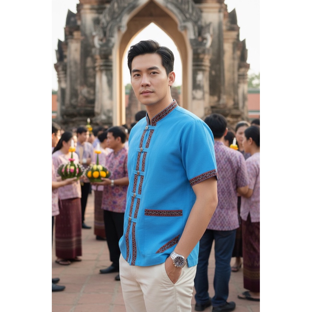 เสื้อพื้นเมืองผู้ชายคอจีนแต่งแถบผ้าทอลาย แขนสั้น - รูปที่ 4