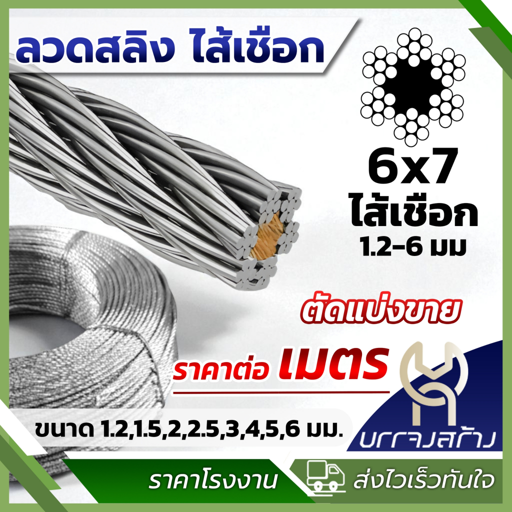 ลวดสลิง ใส้เชือก แบ่งขายเป็นเมตร ขนาด 1.2,1.5,2,2.5,3,4,5,6 มม. ลวดสลิง ชุบซิงค์ Wire Rope Sling