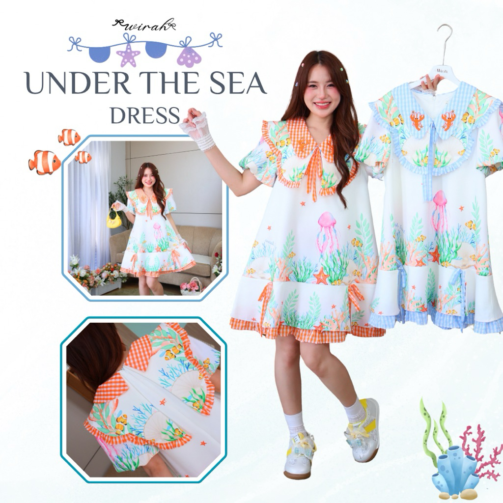 WI011 Under the sea Dress ชุดเดรสสั้นทรงปล่อยผ้าไฮดร้า พิมพ์ลายสัตว์ปลามีโม่