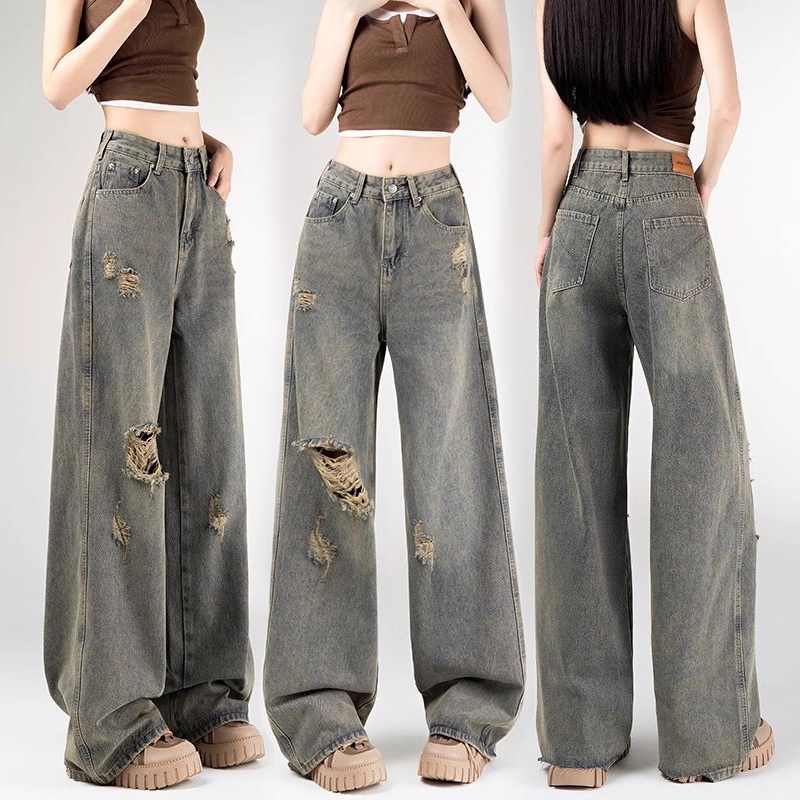 S~5XL Ripped jeans Baggy Blue jeans for women กางเกงยีนส์สีฟ้าที่มีรูพรุน กางเกงยีนส์สบายๆ ใส่ได้หลายโอกาส HOT