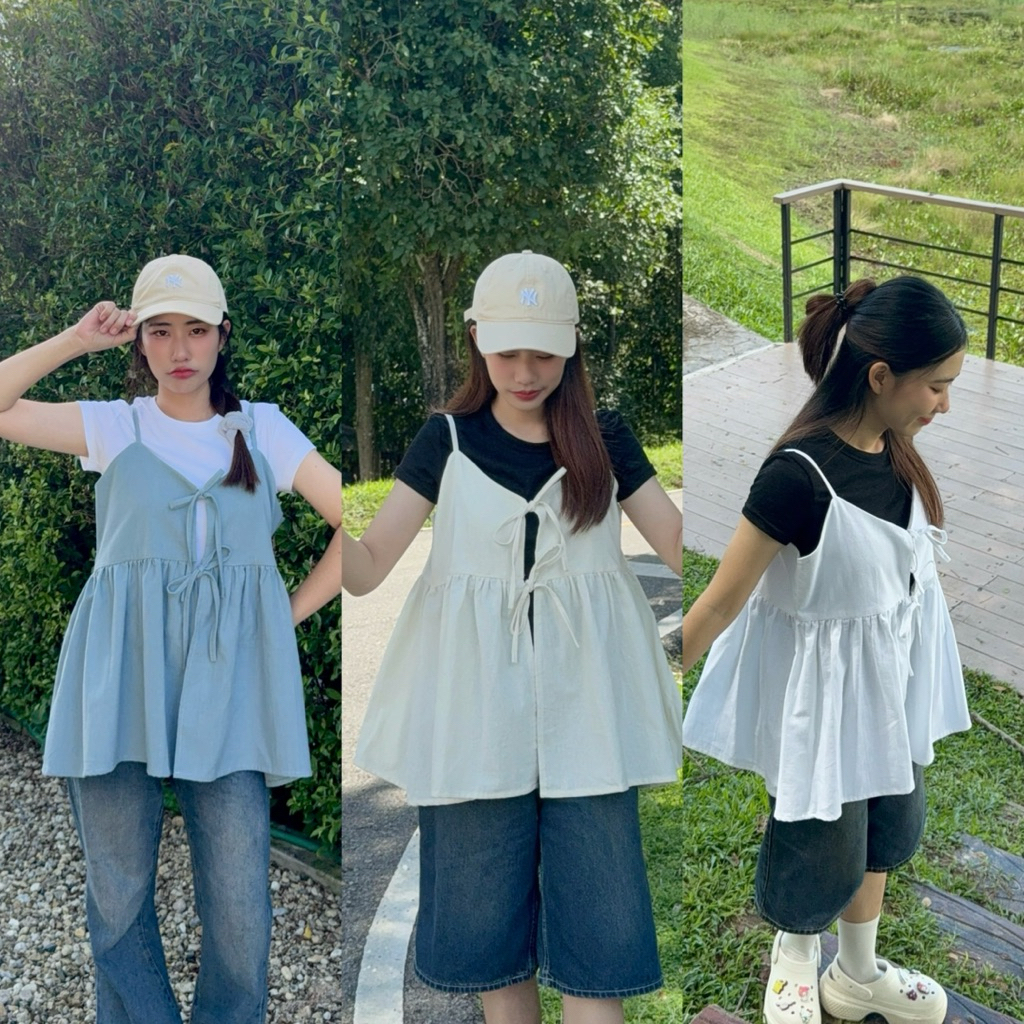Nadia🥨 เสื้อสายเดี่ยวคอวีระบายผูกเชือกอกผ้าฝ้าย Manee.cotton