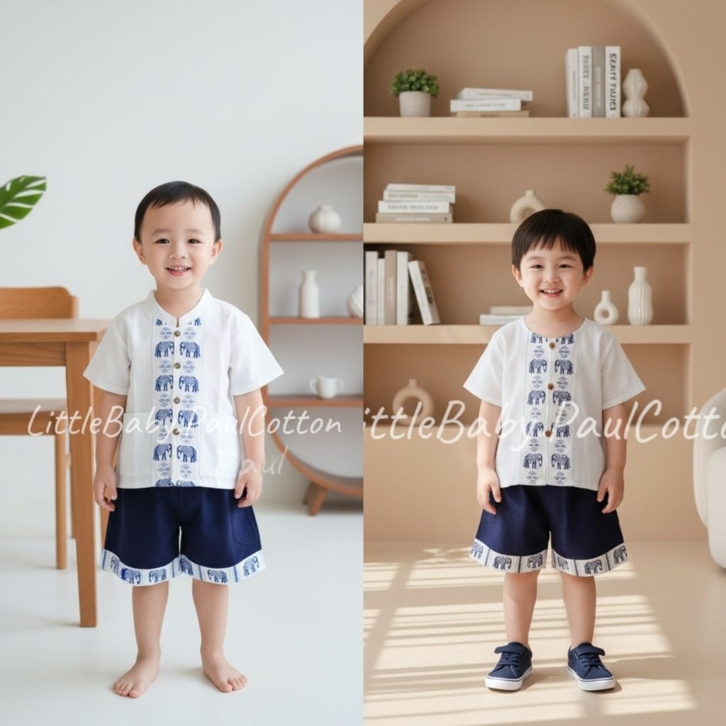 ชุดผ้าฝ้ายคอจีนเด็ก ชุดผ้าฝ้ายคอกลมเด็กลายช้าง โทนขาวกรม