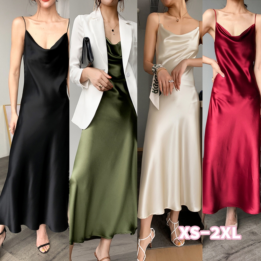 🌵Grace_chili🌵Cowl Neck ชุดเดรสยาวปานกลางผ้าซาตินแขนกุด ชุดเดรสสลิปเซ็กซี่สีพื้นสำหรับผู้หญิง 99023