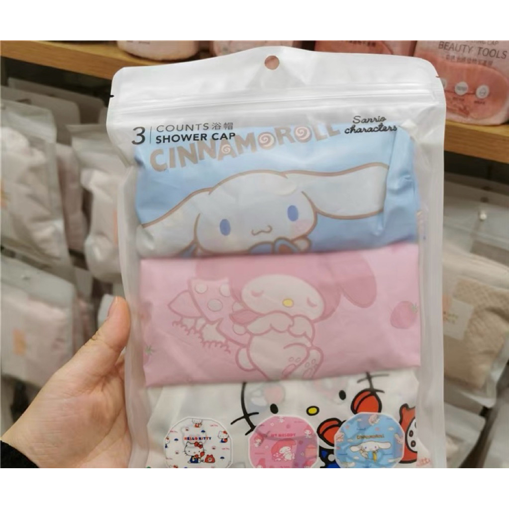 🎀พร้อมส่ง หมวกคลุมอาบน้ำ Sanrio x Miniso (3 ชิ้น/เซ็ต) 🩵🩷