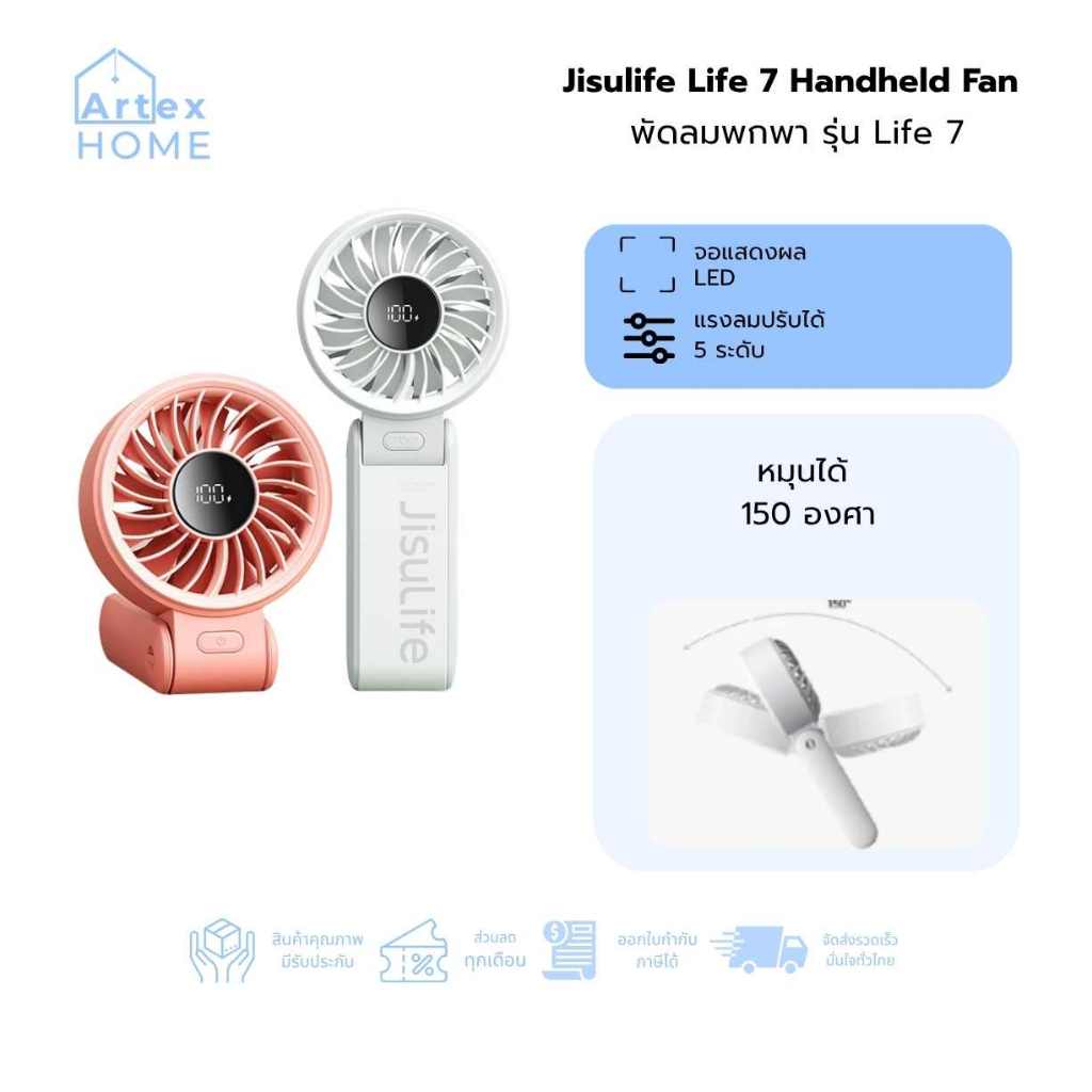 Artex Home - Jisulife Life 7 พัดลมพกพาขนาดเล็ก 5 สปีด ลมแรง เงียบ พับได้ ใช้งานยาวนาน 20 ชม. แบต 3000/5000mAh