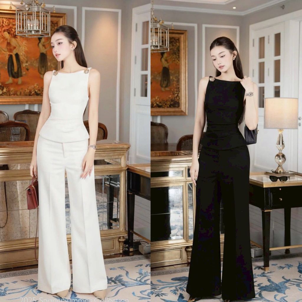 Set 2 ชิ้นหรูหรา เสื้อสายเดี่ยวช่วงสายด้านหน้าแต่งอะไหล่ดอกไม้สีทอง ดีเทลแต่งเว้าหลังบน +กางเกงขายาว