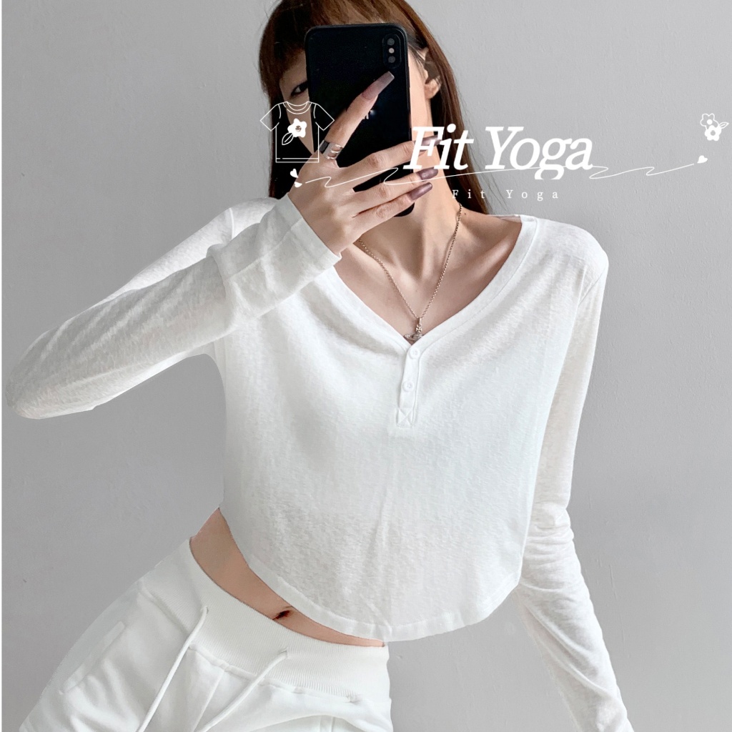 FitYoga เสื้อกันแดดหญิงตัวหลวมเนื้อบางเย็นสบาย รุ่นซัมเมอร์ คอวีแขนยาว โชว์เอว แบบเบาโปร่ง