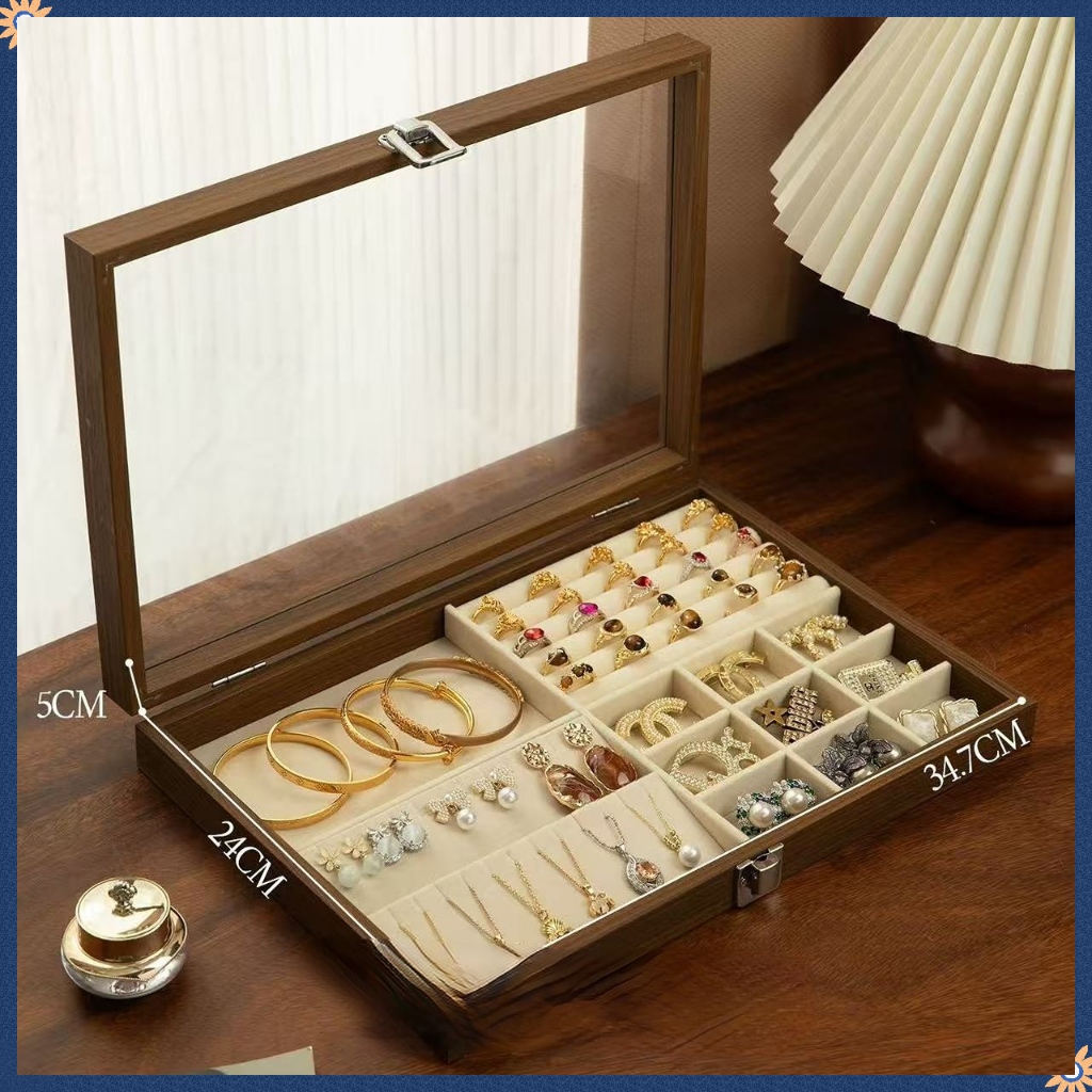 กล่องเก็บเครื่องประดับสุดหรูพร้อมสร้อยคอ แหวน ต่างหู โชว์ความจุขนาดใหญ่ ถาดไม้ชั้นเดียว