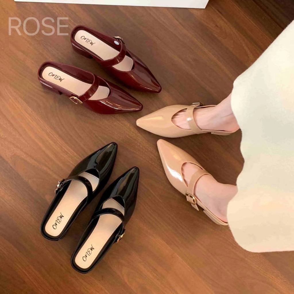 ROSE รองเท้าแตะส้นหนาหัวปิดสำหรับผู้หญิง 2025 ฤดูร้อน รองเท้าแตะหัวแหลมแบบสวมเข้าได้กับทุกชุด ดีไซน์ทันสมัย