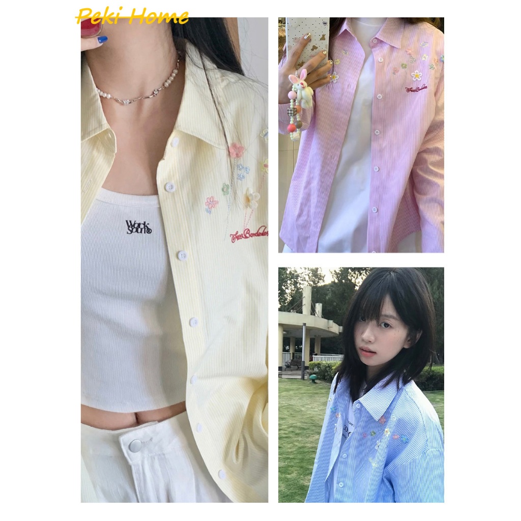 เสื้อเชิ้ตแขนยาว ปักดอกไม้  ใส่สบายสไตล์เกาหลี