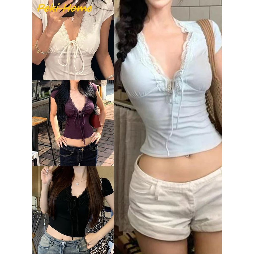เสื้อครอปแขนสั้น ดีไซน์ผ้าลูกไม้ ลุคเก๋