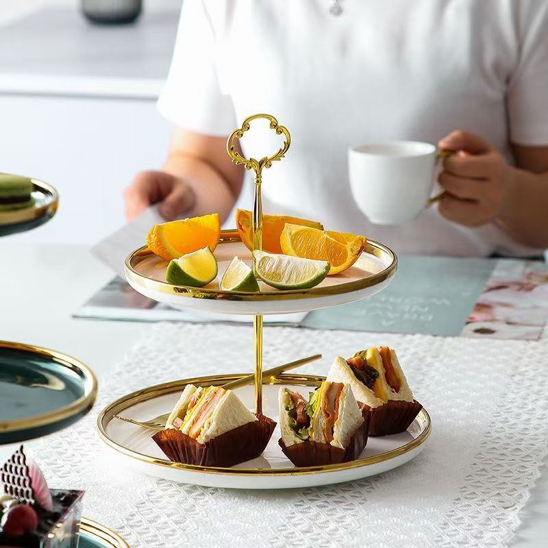 จานตั้งหลายชั้นขอบทองสุดหรูคุณภาพสูง จานขนมจัดเลี้ยง 2 ชั้น และ 3 ชั้น จาน 3 ชั้น เครื่องครัวสุดหรูพร้อมด้ามจับทอง - รูปที่ 7