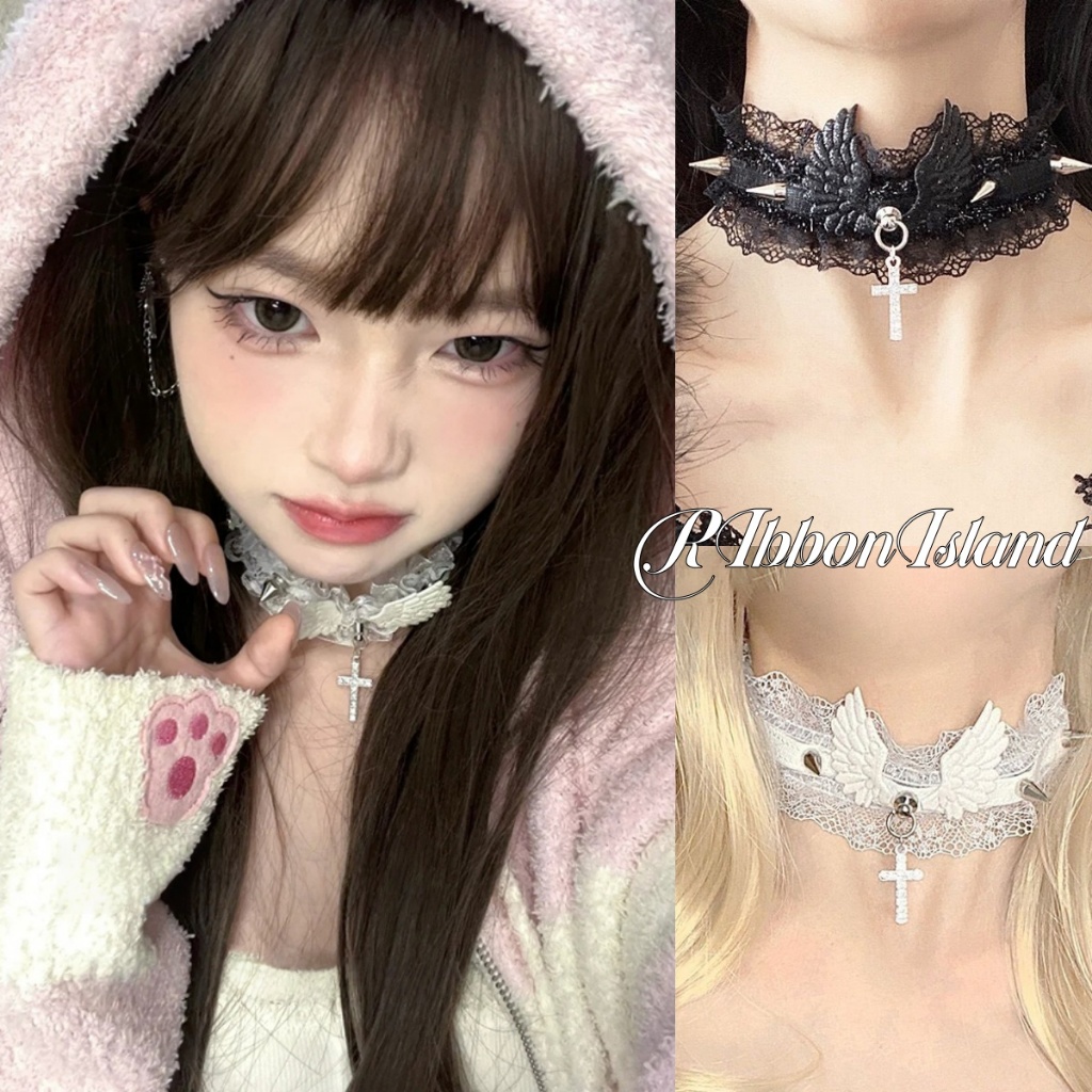 RIbbonIsland🤍🖤choker สร้อยคอ y2k ปีกนางฟ้า cross ลูกไม้ สไตล์เกาหลี คอสเพลย์ ฮาโลวีน COD