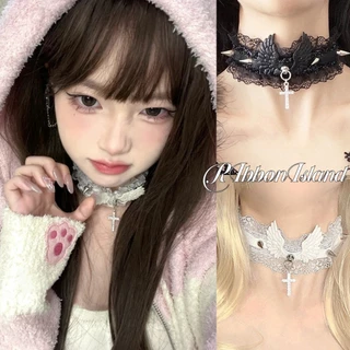RIbbonIsland🤍🖤choker สร้อยคอ y2k ปีกนางฟ้า cross ลูกไม้ สไตล์เกาหลี วันฮาโลวีน คอสเพลย์ ฮาโลวีน COD