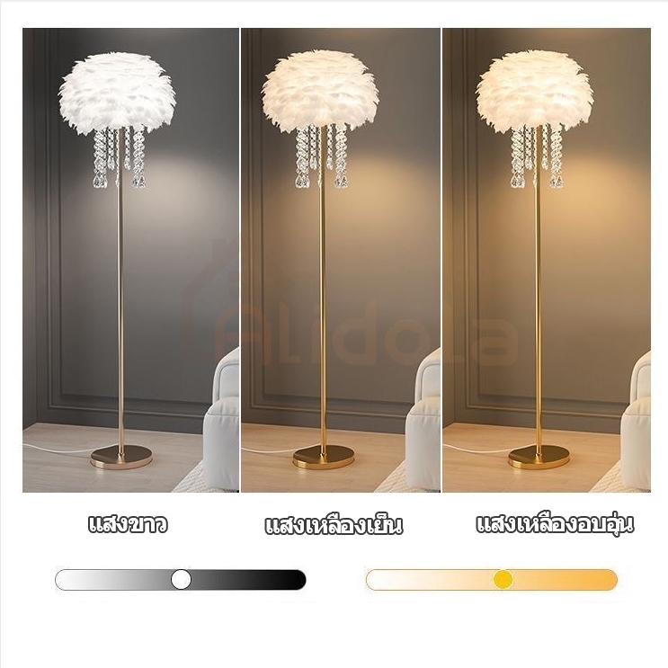โคมไฟตั้งพื้นLED🧡โคมไฟการ ไฟแต่งห้อง ขนเป็ดแท้ ปรายจิ๋ววัสดุแก้ว ห้องนั่ง เล่นนอร์ดิก แสง3สีเปลี่ยนได้ โคมไฟตั้งพื้นขนนก รูปที่ 9