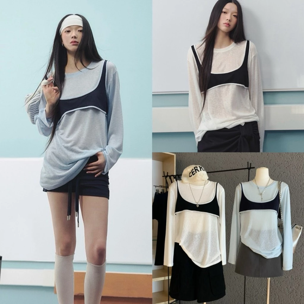(พร้อมส่ง) เสื้อแขนยาวผ้าบางแต่งบรารุ่น 7373 TAG WG.WE 🇰🇷