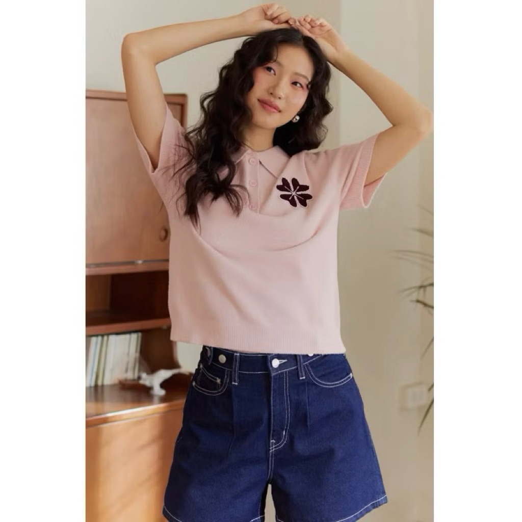 THE POCKETWOOD - เสื้อโปโล ปักฟูโลโก้ดอกไม้ Size S