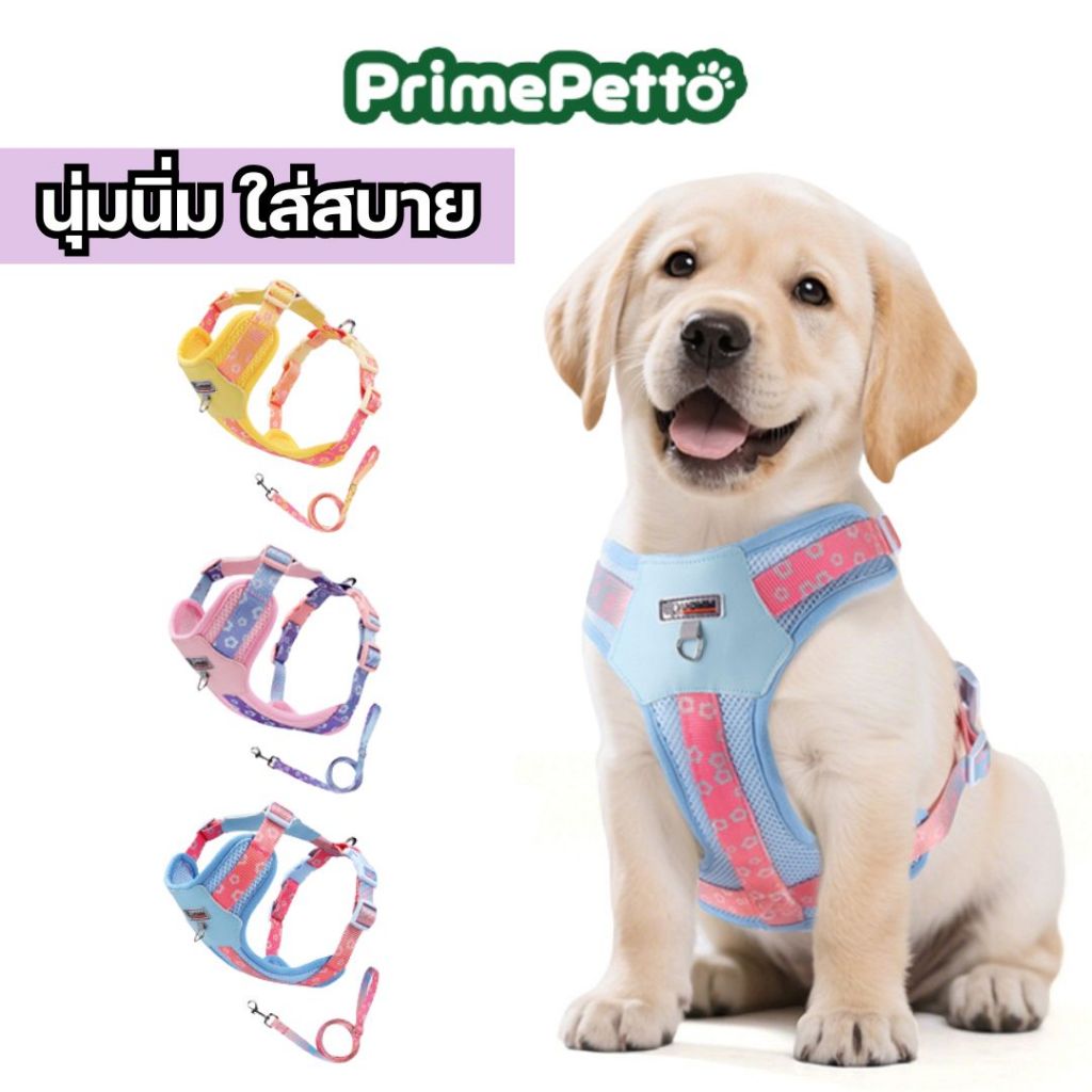 PrimePetto ได้ครบชุด สายจูงสุนัขพร้อมสายรัดอก ไม่รั้งคอ ผ้านุ่มใส่สบาย มีตาข่ายระบ่ายอากาศ
