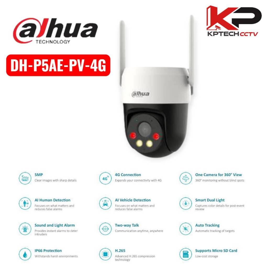 กล้องวงจรปิด Dahua รุ่น P5AE-PV-4G คมชัด 5MP รองรับใส่ซิมเน็ต 4G