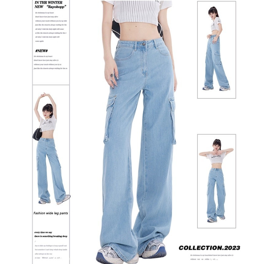 S~5XL Overalls Blue Denim Long pants กางเกงยีนส์เอวสูงสีฟ้าอ่อนหลวม กางเกงช่างแฟชั่นที่ใส่ได้หลายโอกาส HOT