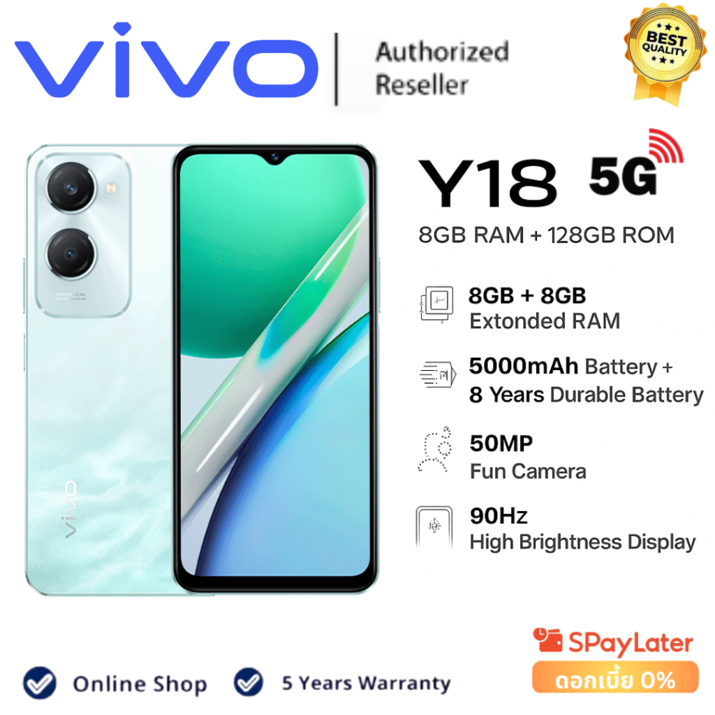 VIVO Y18 5G (8+256GB) | Battery 5000mAh+ชาร์จไว44W | Dimensity6300 แบตเตอรี่ | ลำโพงคู่+300%