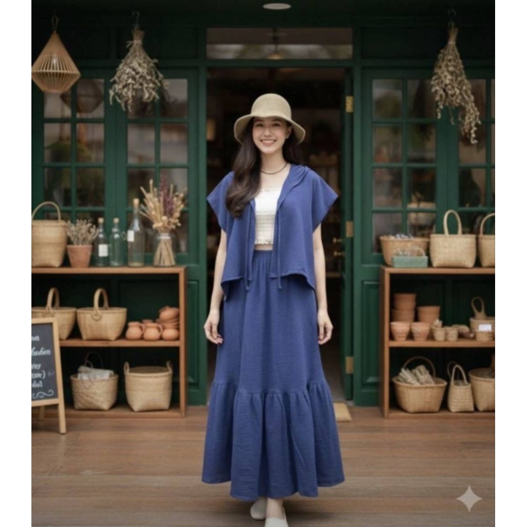 เซ็ตเสื้อคลุมผ้าสาลูใส่คู่กระโปรงผ้าสาลูอัดย่น  น่ารักมากๆเลยค่ะ