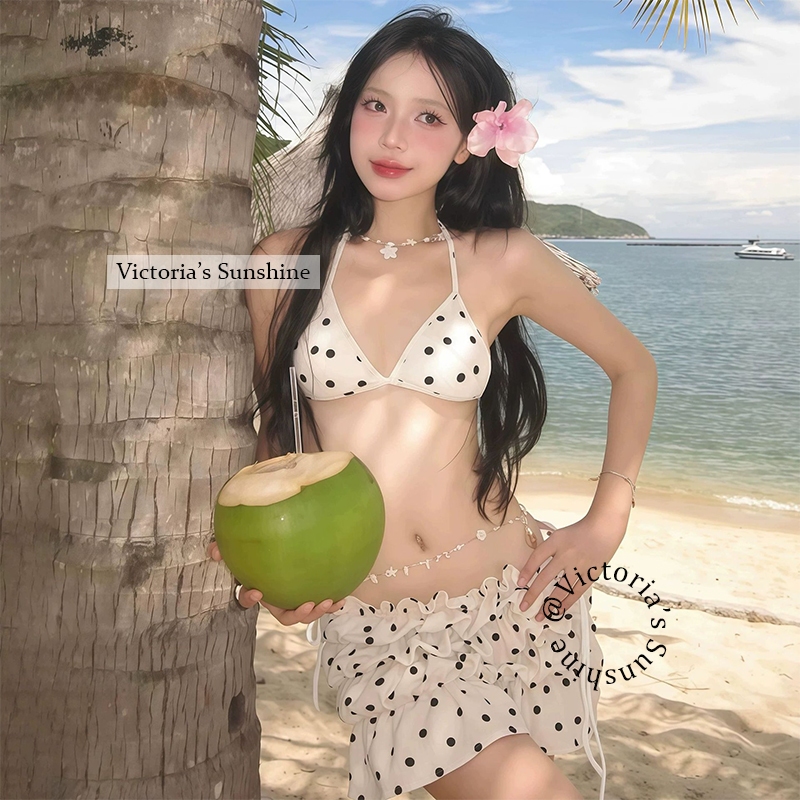 ชุดว่ายน้ำผู้หญิง ชุดบิกินี่ Polka Dots bikini เว้าหลัง 3 ชิ้น เที่ยวทะเล#1025