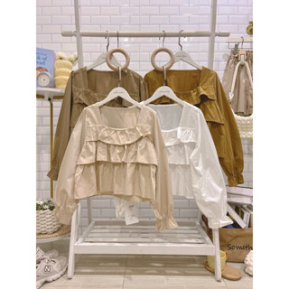 #6065 เสื้อแขนยาวระบายสามชั้นผ้าฝ้าย แฟชั่นผู้หญิง