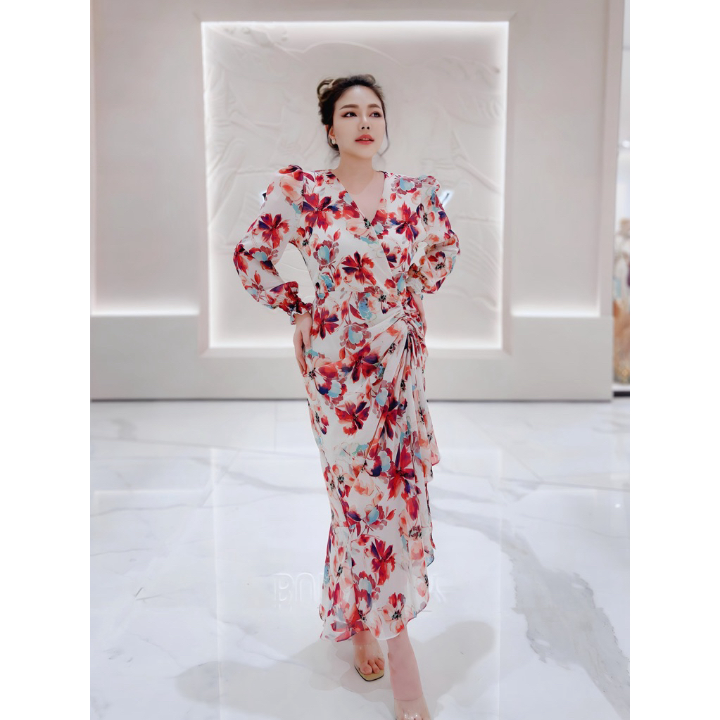 🥇Best Seller🥇เดรสยาวคอวีอกไขว้รูดข้างแขนยาวปลายแขนสม๊อคลายดอกแซ่บมาก#Maisie Shop - รูปที่ 4