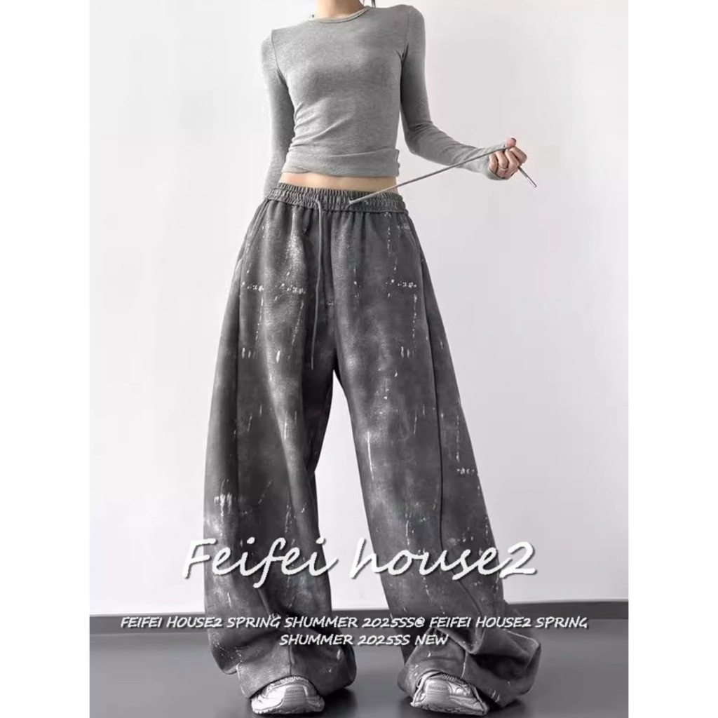 [Tie-dye drawstring wide-leg pants]กางเกงขากว้างเอวสูงเชือกผูกแบบไล่เฉดสีสไตล์เรโทรสำหรับผู้หญิง