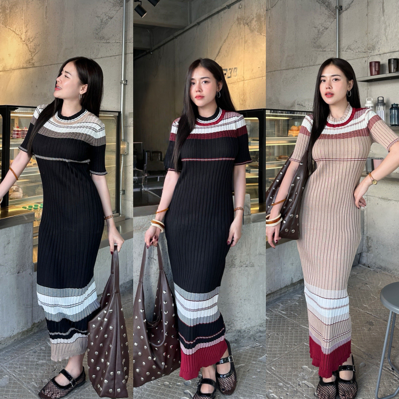 เดรสไหมพรม เดรสยาว ผ้าไหมพรมสีพื้น ไหมพรมทอลายคาดเส่น สาวอวบใส่ได้ ใส่ออกงานได้ รุ่น วันใหม่