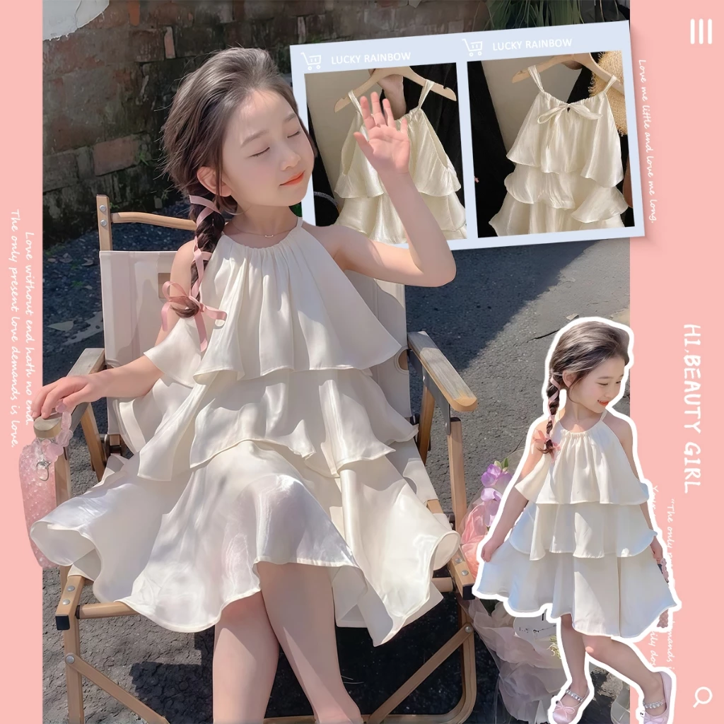 ชุดเดรสแขนกุด คอกลม แต่งระบาย แต่งระบาย หลายชั้น สีเบจ สไตล์เจ้าหญิง สําหรับเด็กผู้หญิง 2-9 ปี