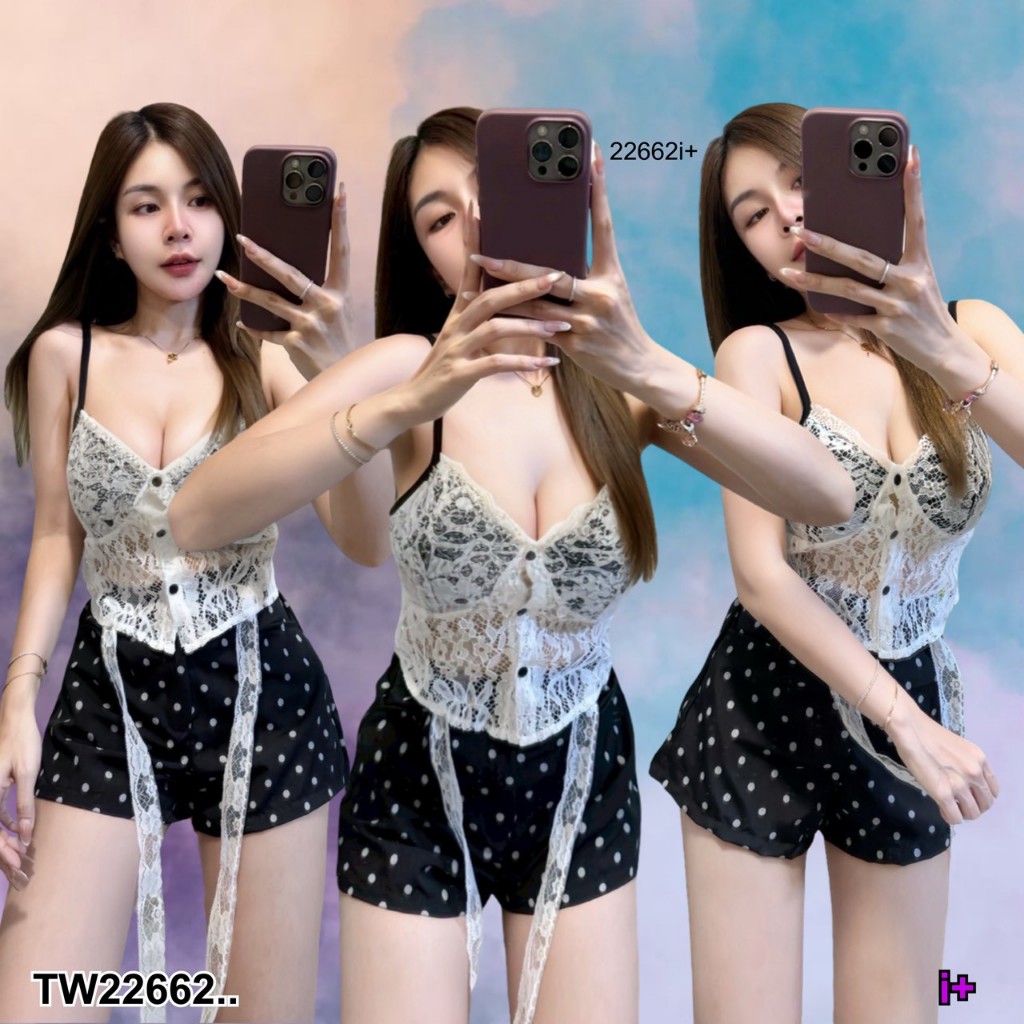 Set 2 ชิ้น เสื้อสายเดี่ยว ผ้าลูกไม้ + กางเกงขาสั้น .. TW22662 TwinsShopVip💗พร้อมส่ง