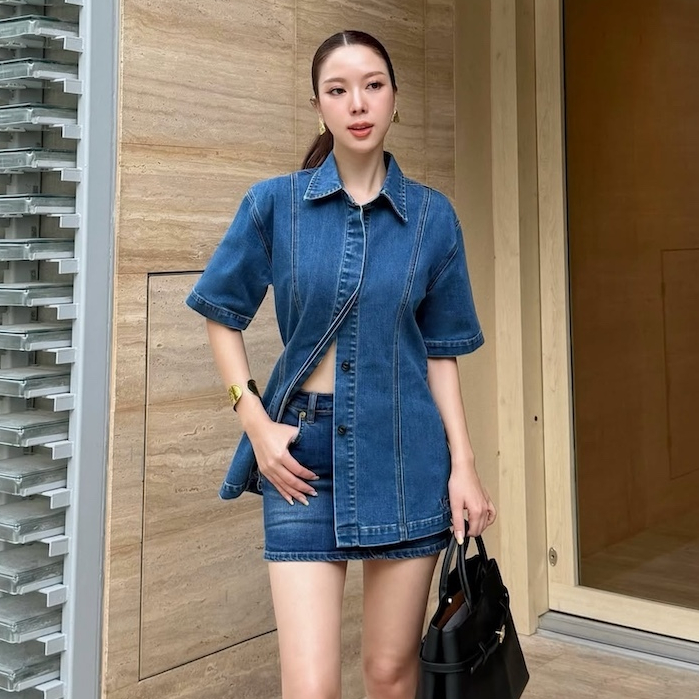 MOTTOM - CHARLOTTE Denim Short Sleeve Shirt in Dark Blue